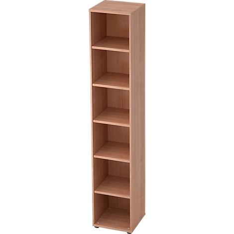 Tall wooden shelf with six open compartments. The color is light brown.