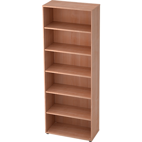 A tall, light brown bookcase cabinet with six shelves. The cabinet stands against a white background.