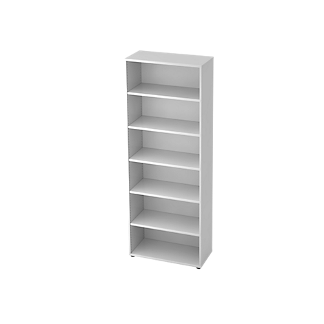 White bookcase with six shelves against a white background.