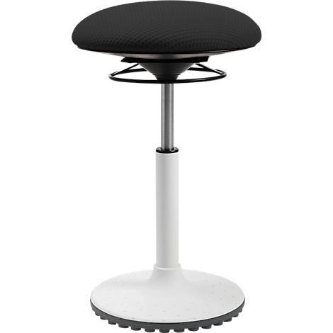 Ayuda de pie en blanco y negro. Asiento redondo, columna, pie plano. Altura regulable.