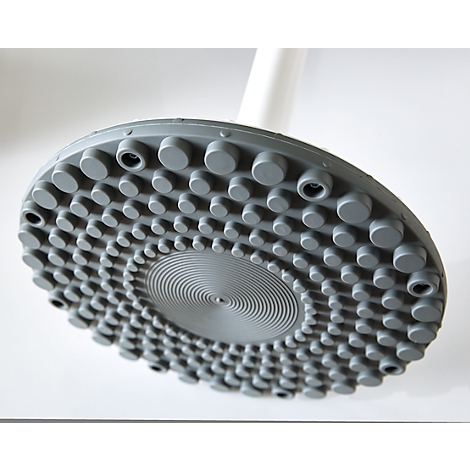 Grijze, ronde voet met knoppen en concentrische groeven, onderdeel van een witte steel.