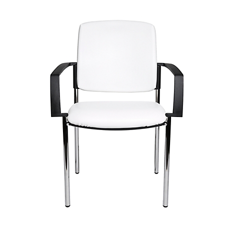 White chair with black armrests and silver legs against a white background.