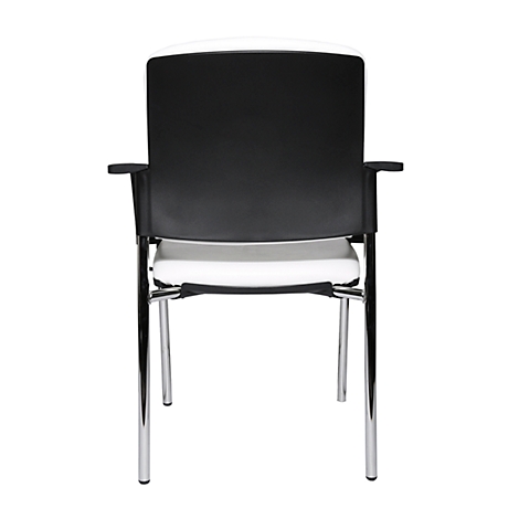 Black and white office chair, back view. Black backrest and armrests, white seat, chrome frame.