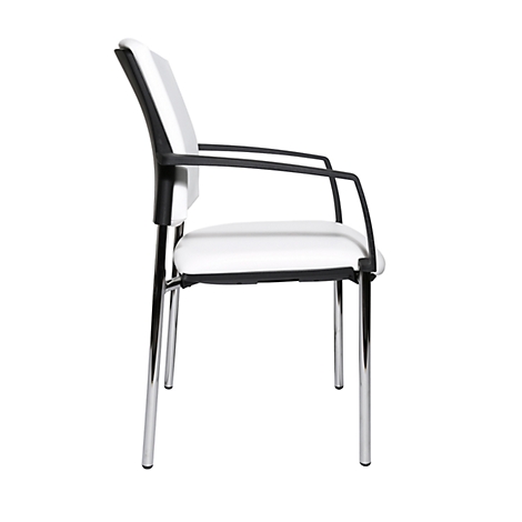 A white chair with black armrests and chrome legs stands in profile.