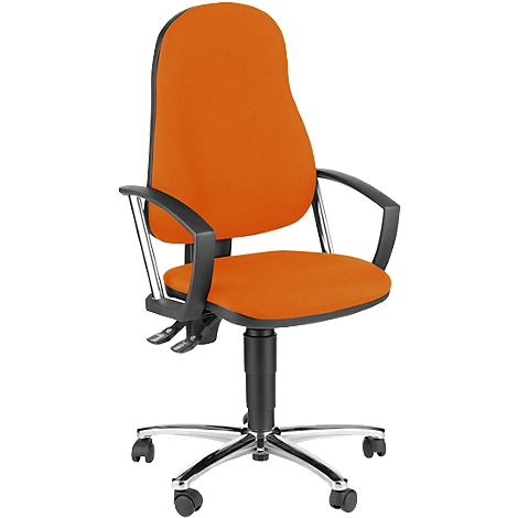 Bürostuhl in Orange, mit schwarzer Armlehne und silbernen Beinen.