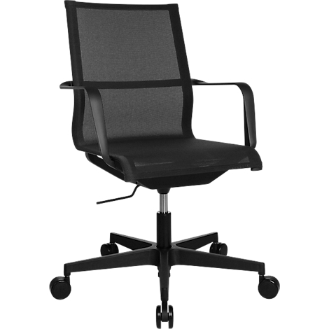 Schwarzer Bürostuhl mit Netzbespannung, Armlehnen und Rollenfußkreuz vor weißem Hintergrund.