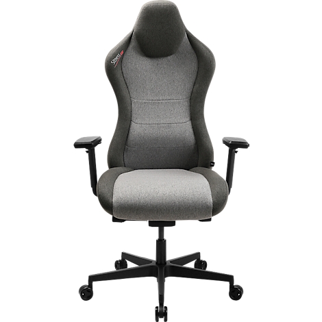 Grauer ergonomischer Bürostuhl mit Armlehnen, auf Rollen stehend.