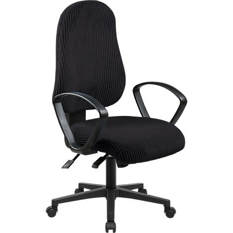 Schwarzer, ergonomischer Bürostuhl mit hoher Rückenlehne, Armlehnen und Rollen auf weißem Hintergrund.