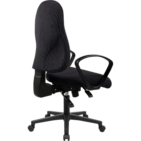 Schwarzer, ergonomischer Bürostuhl mit geripptem Stoffbezug, Armlehnen und Rollgestell vor weißem Hintergrund.