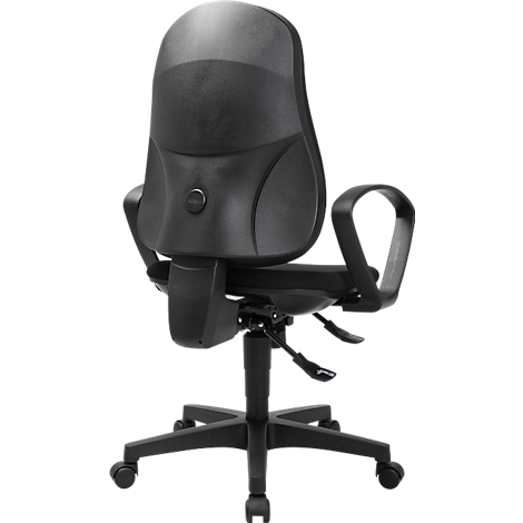 Schwarzer Bürostuhl von hinten, Details: Rückenlehne, Armlehnen, Rollen und Hebel zur Höhenverstellung.