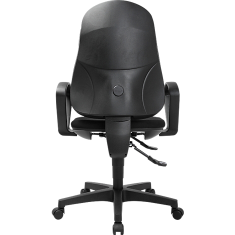 Schwarzer Bürostuhl, Rückansicht. Ergonomisch geformte Rückenlehne, Armlehnen, Sitzfläche, Fußkreuz mit Rollen.