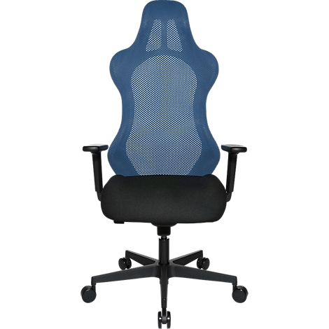 Blauwe bureaustoel met mesh rugleuning en zwarte zitting. De stoel staat op wielen.