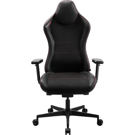 Zwarte gamingstoel. Rode stiksels, armleuningen en zwenkwielen. Logo op de kop. Ergonomisch gevormd.