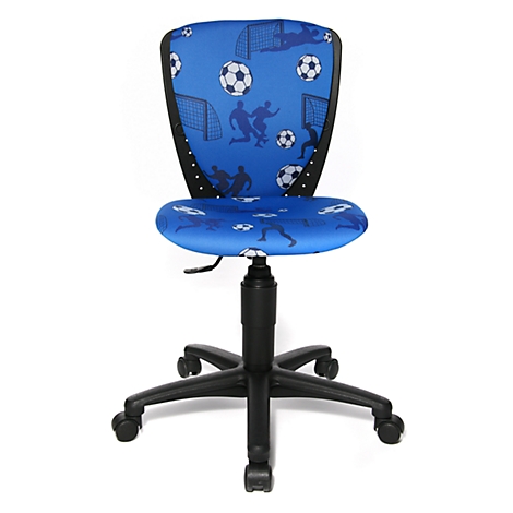Blue children's chair with football motif. Black elements on the backrest and frame. White background.