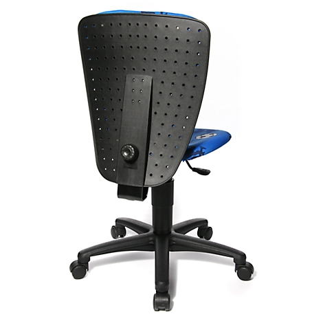 Back view of a black office chair with a blue seat. Backrest with holes, adjustable. Rolling feet.