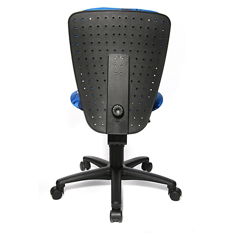 View of an office chair from the back, black back with holes, blue upholstery.