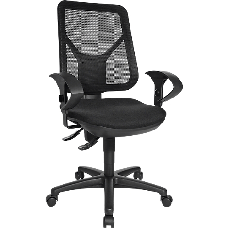 Black office chair with mesh back and armrests on wheels.