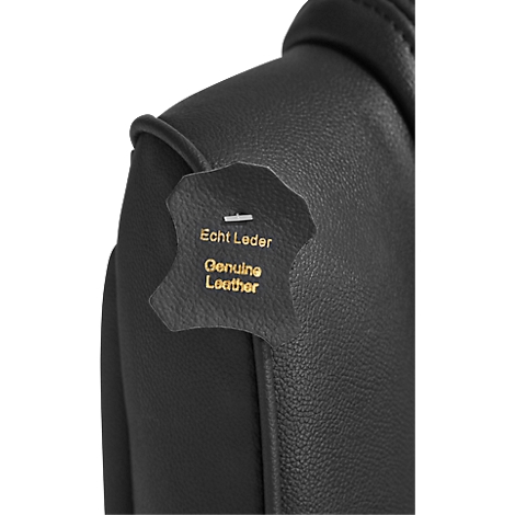 Close-up of a black leather jacket. Label with the inscription "Echt Leder / Genuine Leather".