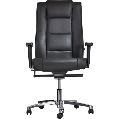 Black leather office chair, high backrest, silver frame.