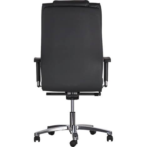 Black office chair, rear view: high back, armrests, silver base, castors.
