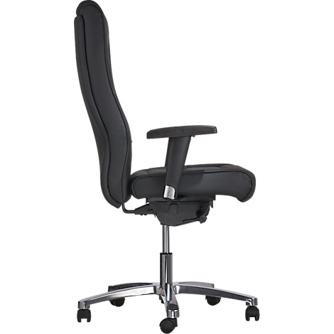 Black office chair, side view. High backrest, armrests, chrome base and castors.