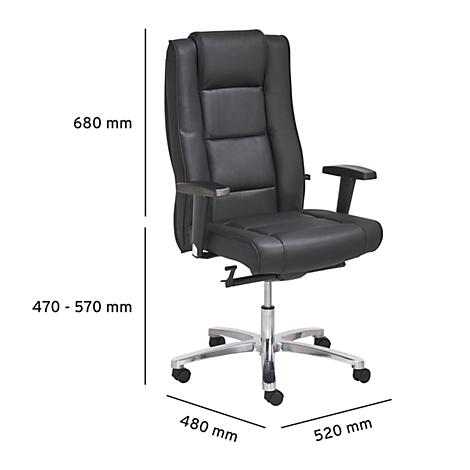 Black office chair with silver frame, dimensions specified.