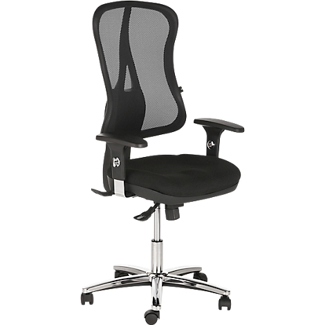 Zwarte bureaustoel met mesh rugleuning, armleuningen en chromen frame.