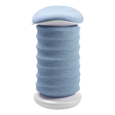 Ein blaues, zylindrisches Produkt mit geriffelter Textur, weißem Sockel und Oberteil.