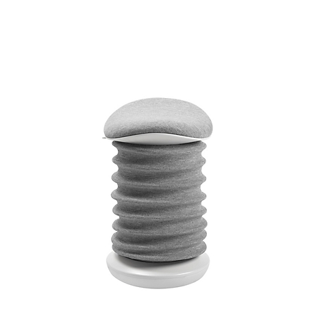 Grauer, geriffelter Hocker mit hellem Deckel und weißer Basis.