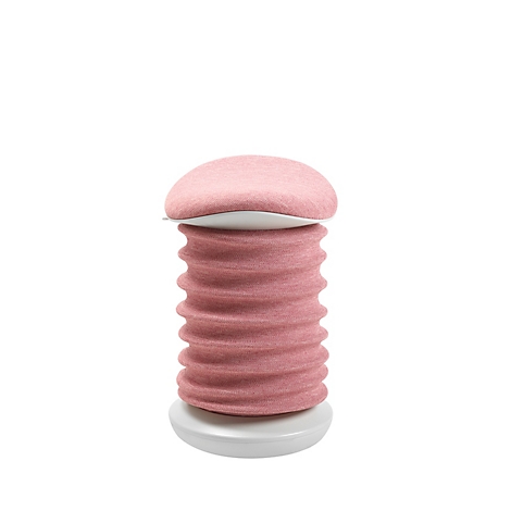 Rosa Hocker mit geriffelter Mitte, auf weißem Sockel, mit rundem Deckel.