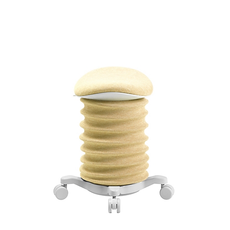 Beige Bürostuhl mit geriffelter Säule und gepolsterter Sitzfläche auf Rollen.