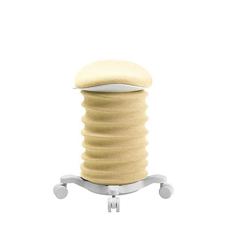 Beigefarbener ergonomischer Hocker mit wellenförmiger Struktur und Rollen.