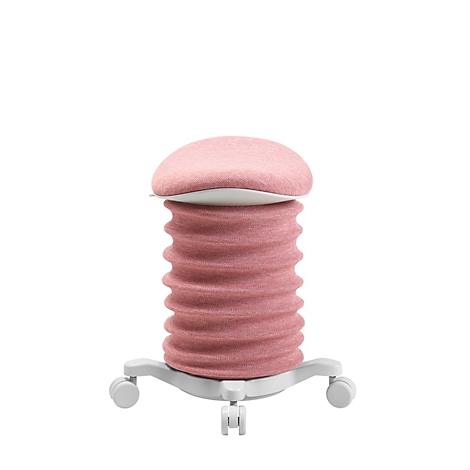 Ein rosa ergonomischer Bürostuhl. Der Sitz ist rund, die Säule geriffelt und die Basis hat Rollen.