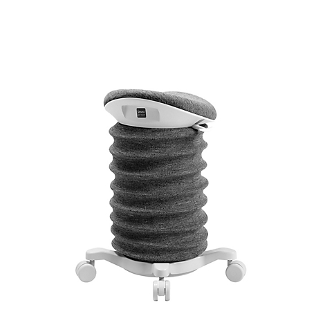 Grauer Bürostuhl mit wellenförmigem, flexiblem Sitz und weißem Gestell. Rollen und ein weißes, rundes Polster.