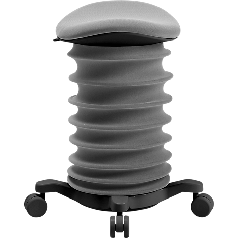 Grauer, runder Hocker mit geriffelter Säule und Rollen.