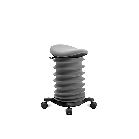 Grauer, höhenverstellbarer Hocker mit geriffelter Säule und Rollen.