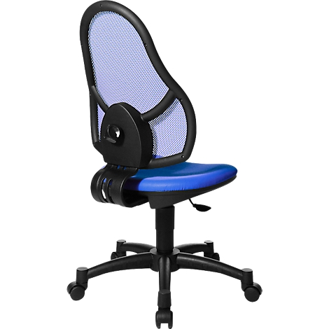 Blauwe ergonomische bureaustoel met zwart frame en mesh rugleuning, details.