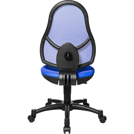 Achteraanzicht van een bureaustoel. Zwart frame, blauwe zitting en rugleuning met gaas.