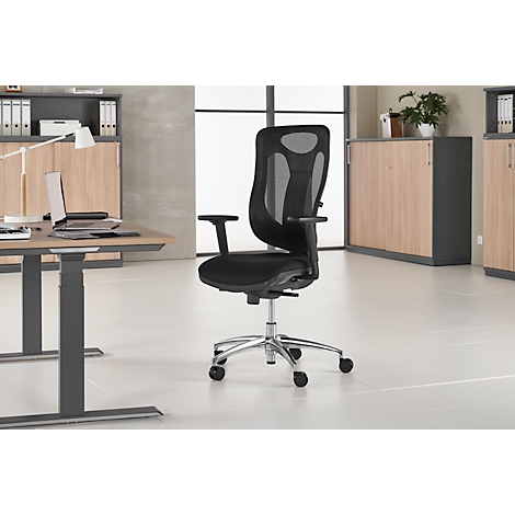 Black office chair with mesh back and armrests in front of a window. The base is silver.
