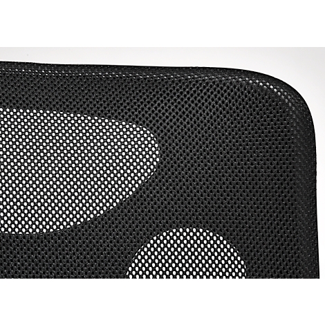 Close-up of a black, honeycomb chair back with white openings.