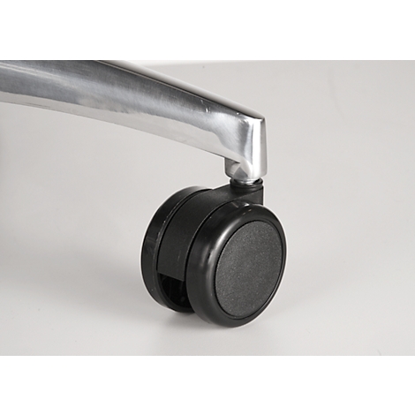 Close-up of a black double caster under a silver office chair leg.