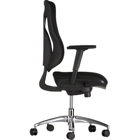 Black office chair, side view, with wheels, armrests and a silver base.