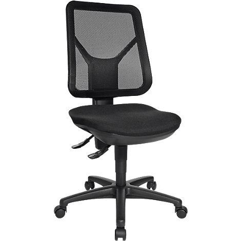 Black office chair with mesh back and wheels. Seat and backrest are upholstered.