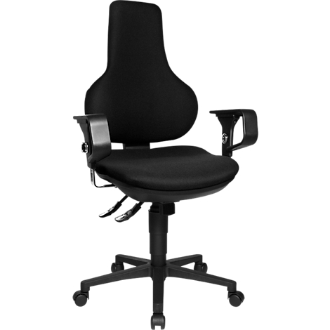 Black ergonomic office chair. High back, armrests, castors.