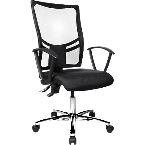Black office chair with mesh back, armrests, chrome base and castors.