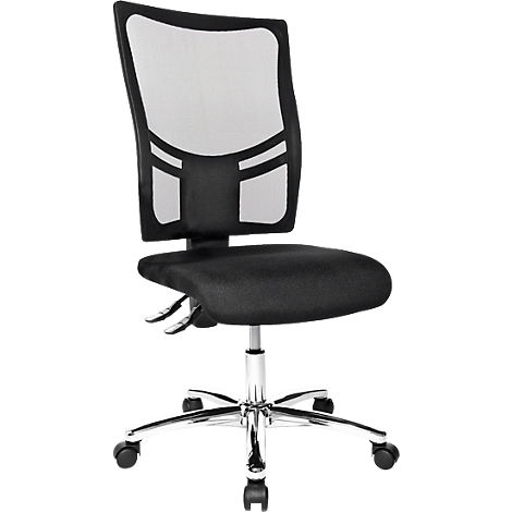 Black office chair with mesh back and chrome base.