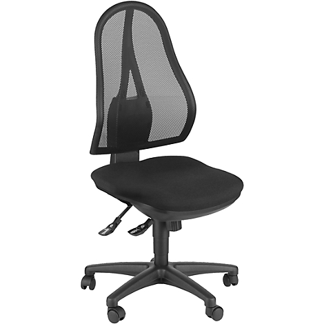 Black office chair with mesh back and castors. The seat is padded.