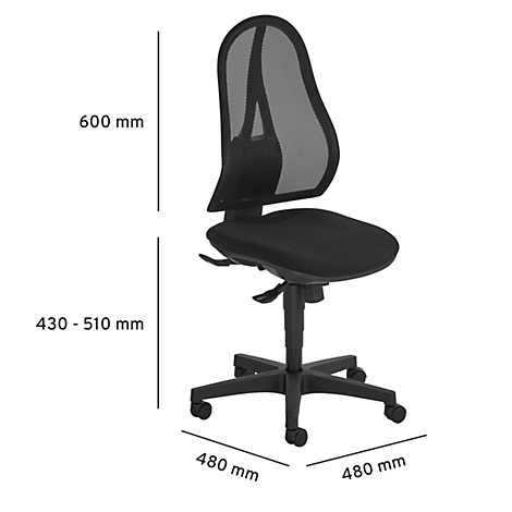 Black office chair with mesh back and dimensions: height 600 mm, seat height 430-510 mm, base 480 mm x 480 mm.