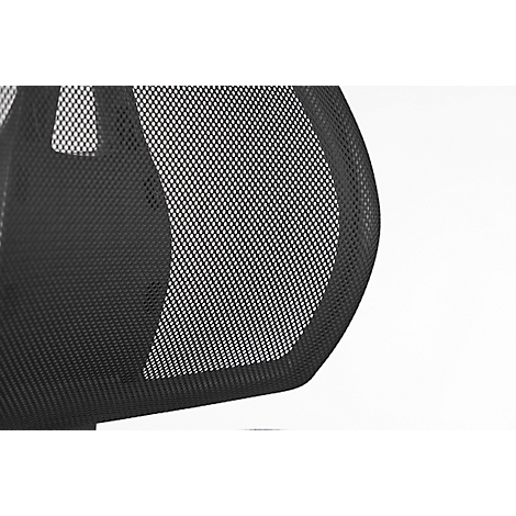 Close-up of a black office chair with mesh backrest. The texture is clearly visible. Background: White.