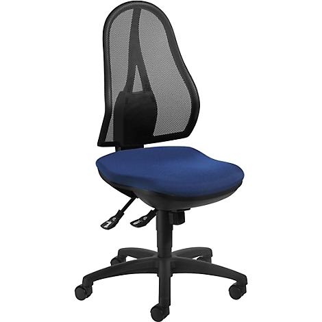 Office chair with blue seat and black mesh back. The chair has castors and is height adjustable.